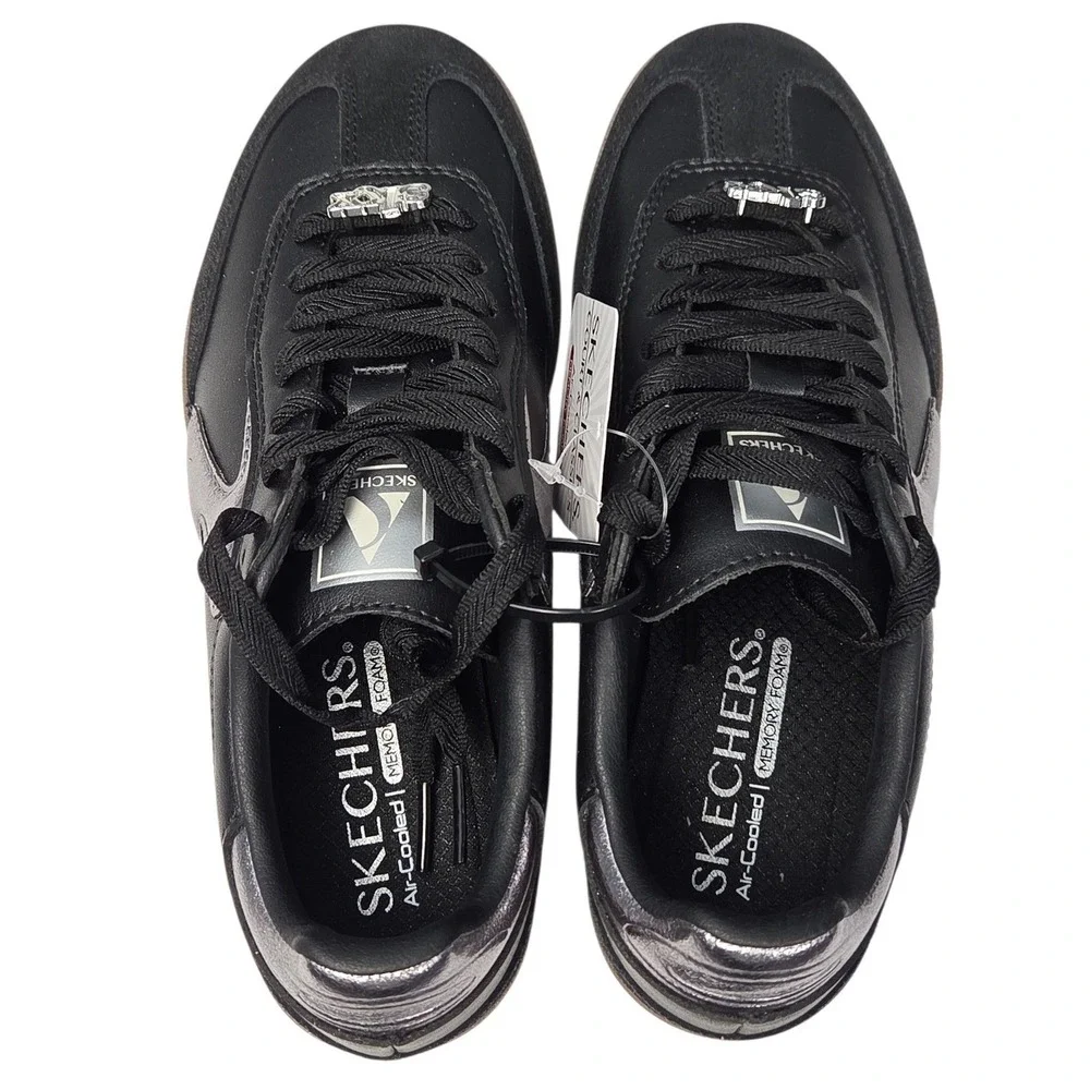 Skechers Hotshot Cool Glow Sneakers Women 7.5 Black Silver Memory Foam Shoes NEW